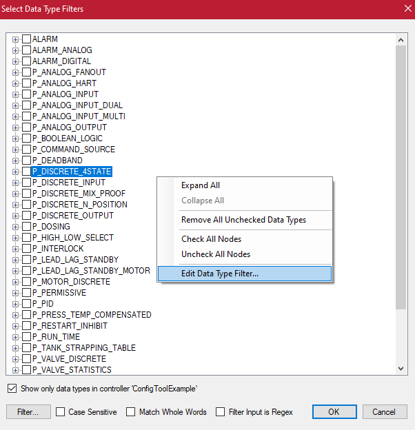 Data Type Filters menu