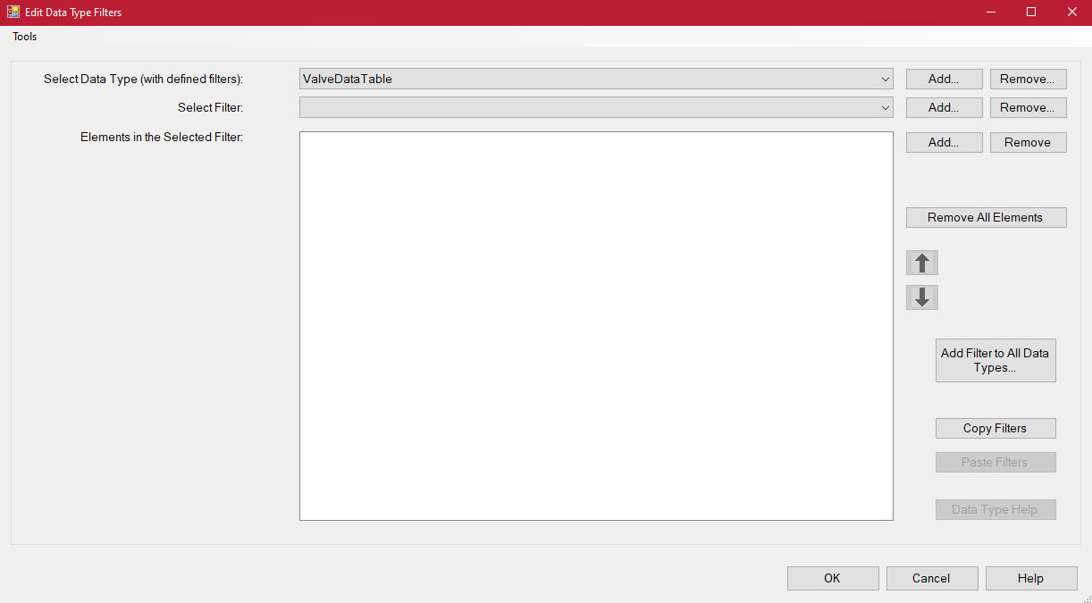 ValveData Table opened in "Edit Data Type Filters" modal