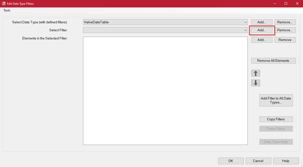 "Edit Data Type Filters" modal with "Add..." button highlighted