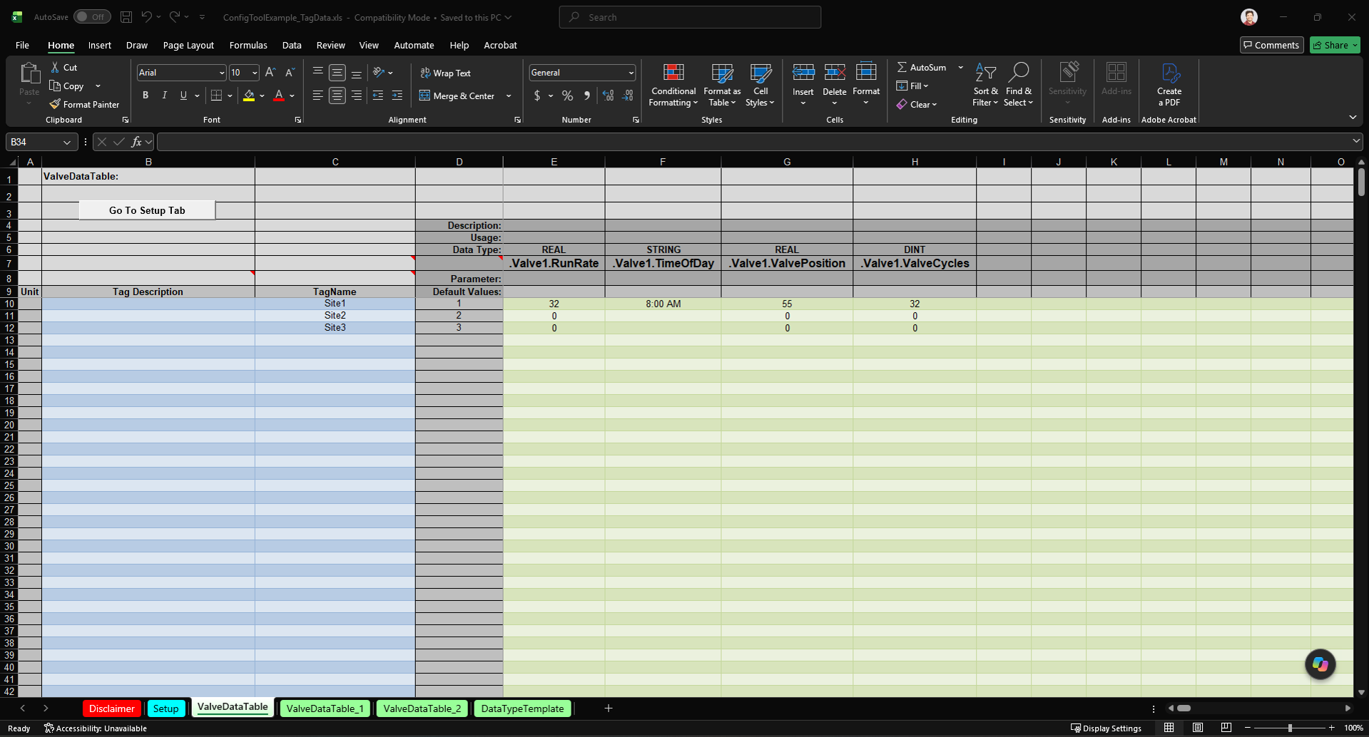 Excel sheet populated with ConfigTool data