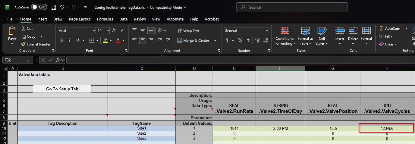 Excel sheet populated with ConfigTool value "123456" highlighted