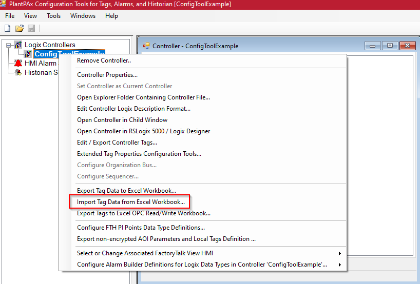 PlantPAx "Import Tag Data from Excel" selected