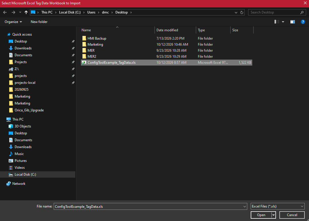 "Config Tool Example" Excel file selected in folder