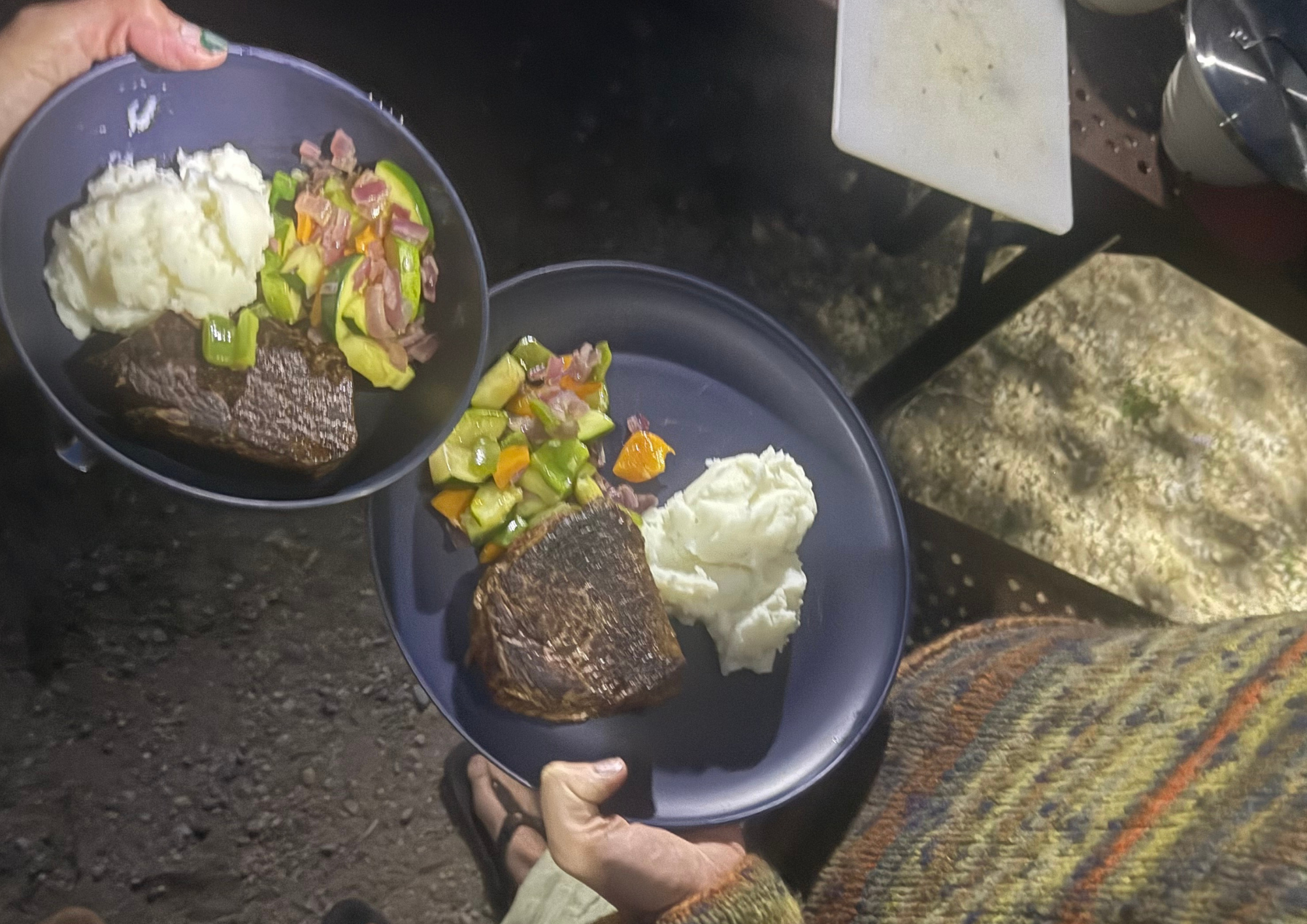 Steaks cooked at Glacier Basin Campground