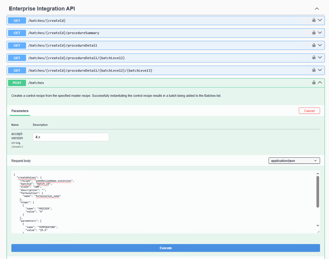Enterprise Integration API Swagger/OpenAPI documentation interface with a POST /batches endpoint expanded to instantiate a control recipe
