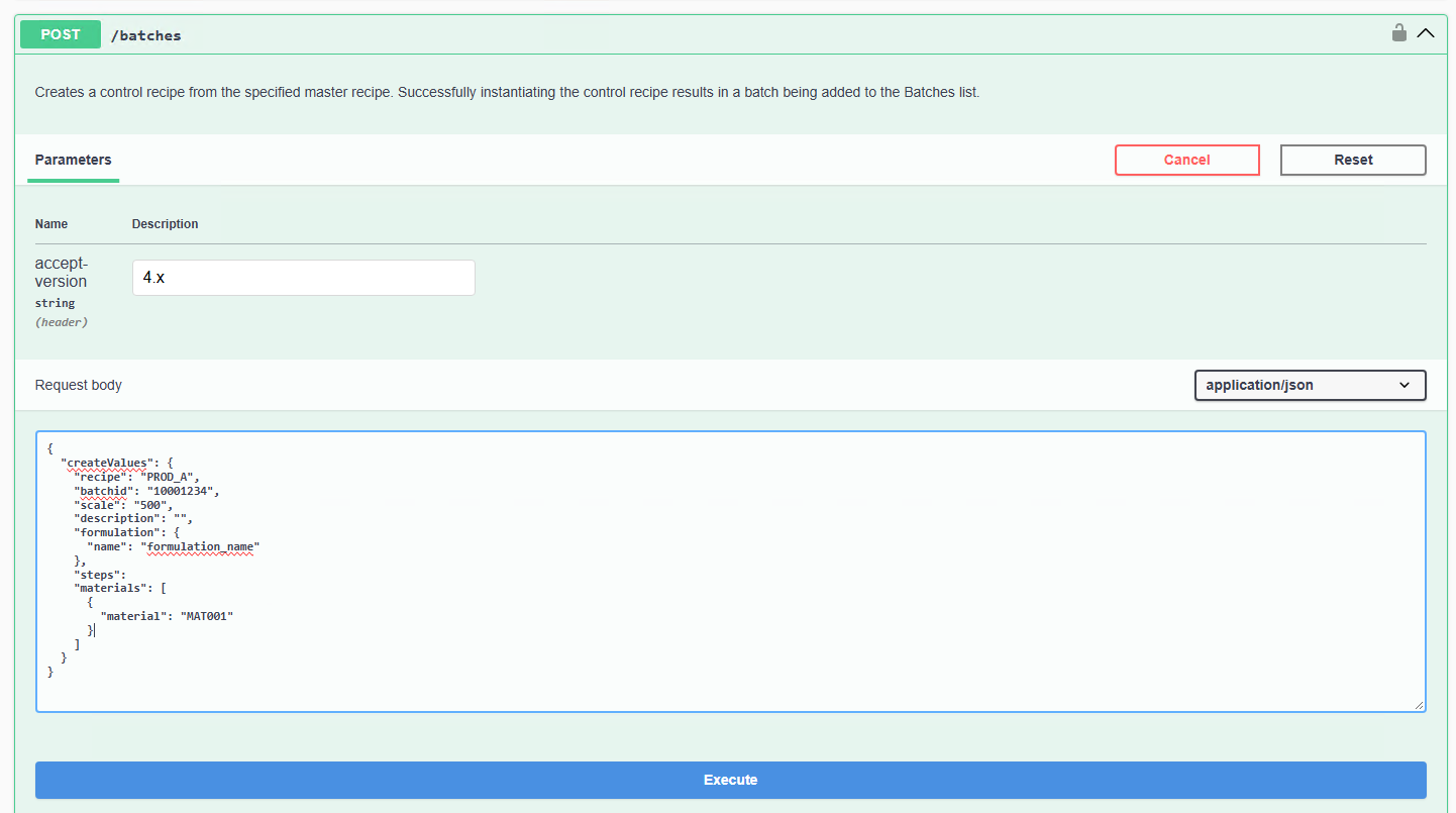 Swagger UI interface for a POST /batches API endpoint with an interactive JSON request body input