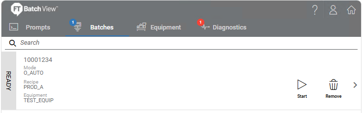 FactoryTalk BatchView interface from Rockwell Automation, displaying a batch labeled 10001234 in a READY status