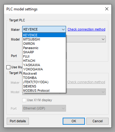 Keyence VT STUDIO HMI development software PLC model settings "KEYENCE" dropdown menu