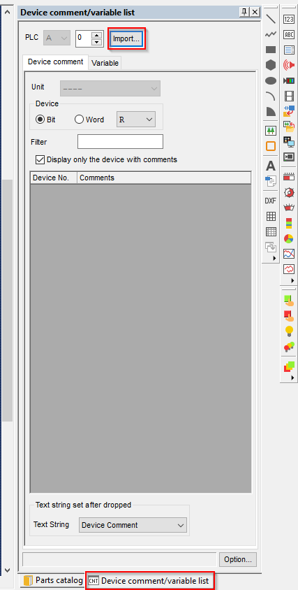 Device comment/variable list window 