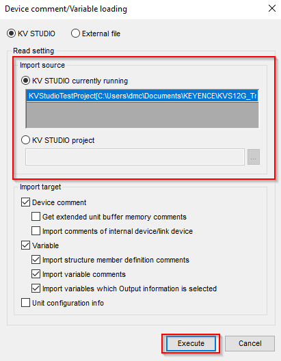 Device comment/Variable loading import dialog in Keyence KV STUDIO