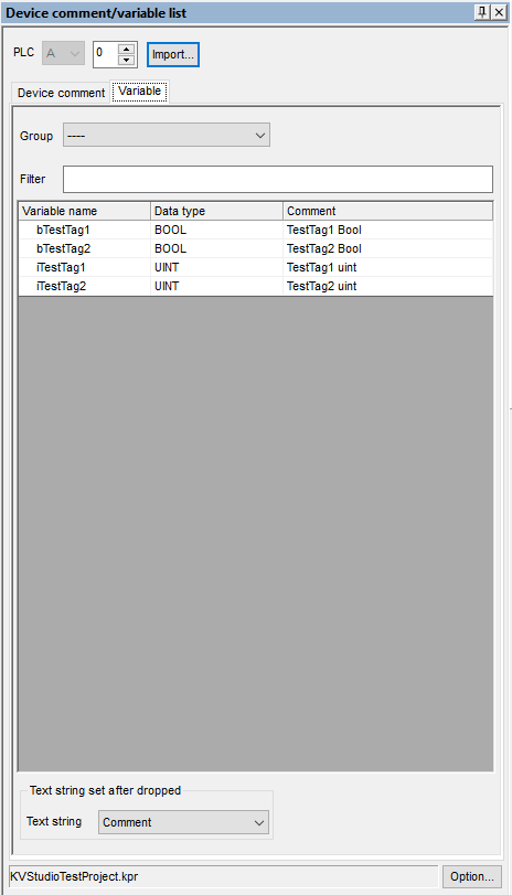Device comment/variable list window from Keyence software