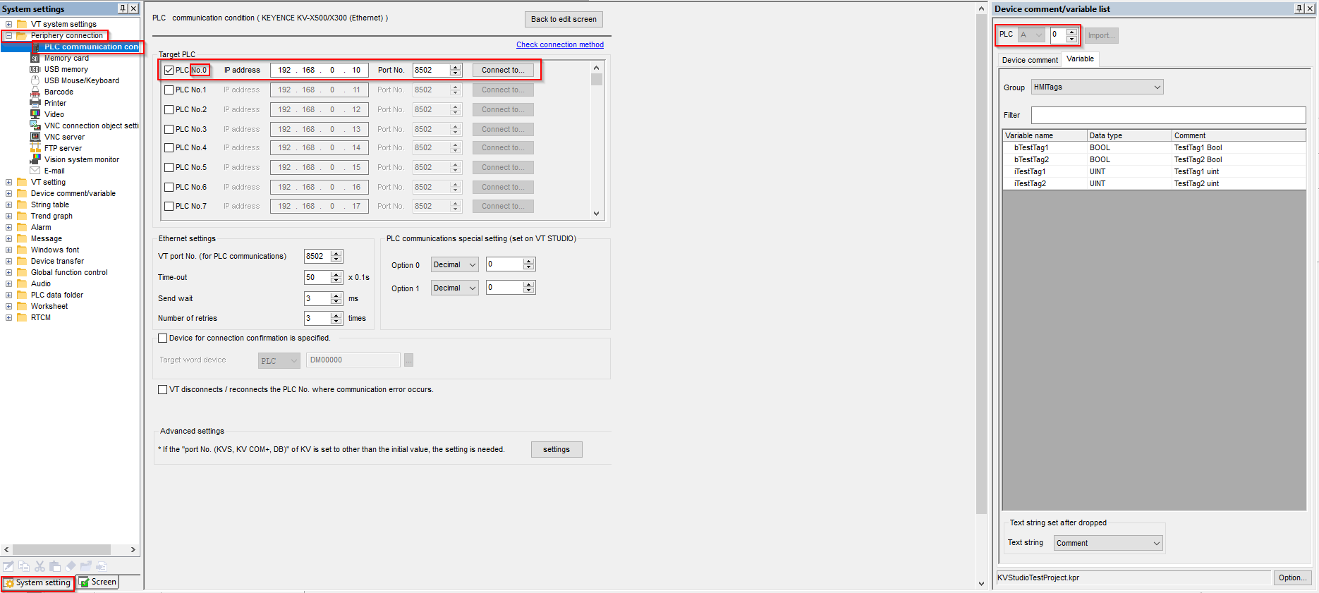 PLC communication condition settings screen in KEYENCE VT STUDIO software