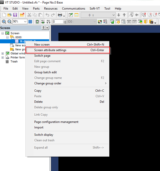 VT STUDIO open on a screen item, with "Screen attribute settings" highlighted