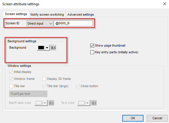 Screen ID and Background settings configuration panel inside HMI