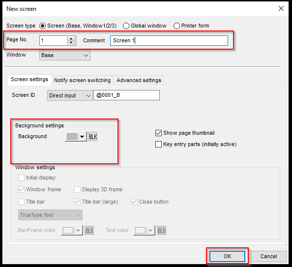 New screen configuration dialog in Omron NB-Designer HMI