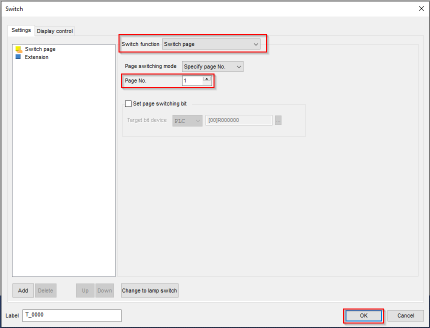 Switch settings configuration dialog in an HMI